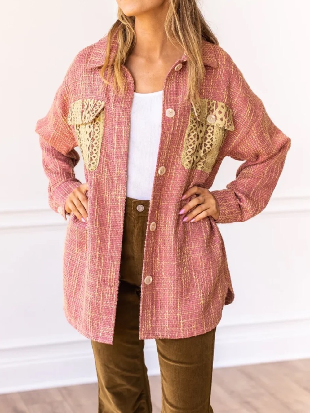 Grace + Emma shirt jacket Dreamy Pink Butter Yellow Tweed Lace Shacket Top 2XL